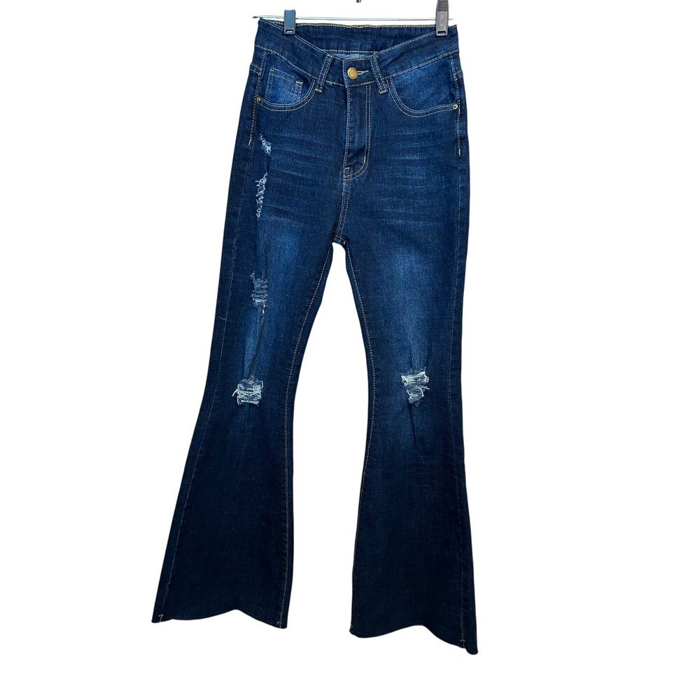 Vintage‎ Style XS Flared Jeans Distressed High Waist Raw Edge Denim Bell Bottom